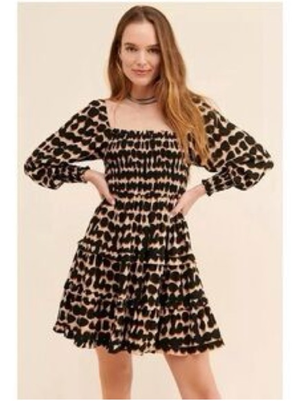 Storia Black and Cream Smocked Square-Neck Tiered Mini Dress